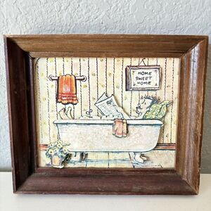 Vtg HOME SWEET HOME Bathroom 3d Paper Wood Plaque Wall Hanging Retro 70’s 6”x5”